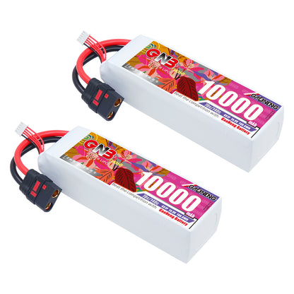 Two GAONENG GNB 4S 10000mAh LiPo battery packs with QS8 connectors, set view