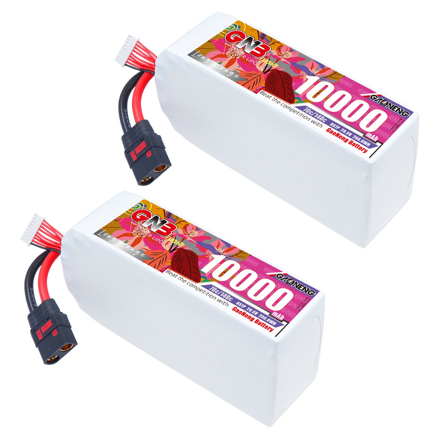 Two GAONENG GNB 10000mAh LiPo battery packs with QS8 discharge leads, matching labels