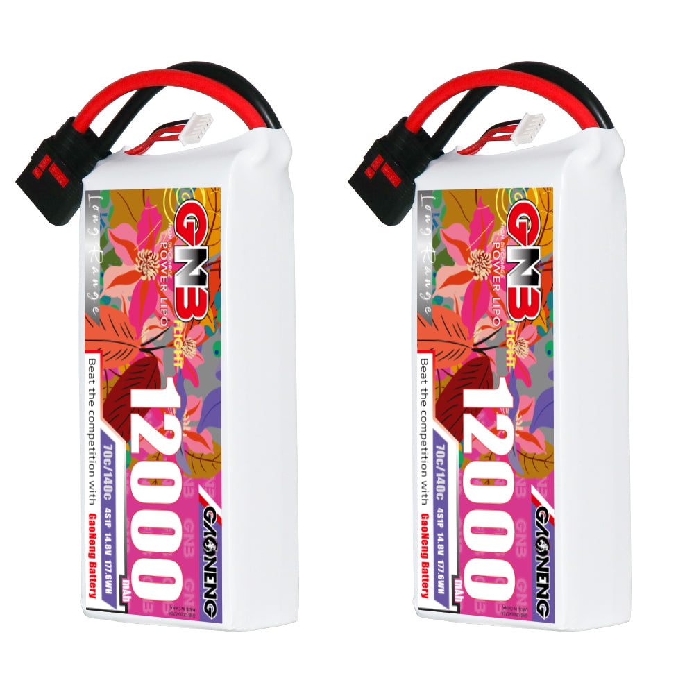 Two GNB 12000mAh 4S 14.8V 70C LiPo battery packs side by side with front labels visible