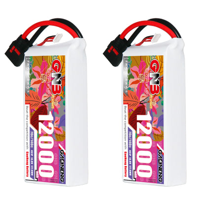Two GNB 12000mAh 4S 14.8V 70C LiPo battery packs side by side with front labels visible