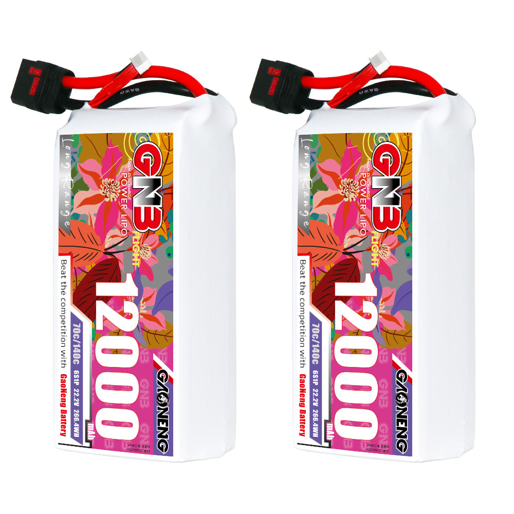 Two GAONENG GNB 12000mAh LiPo packs shown side by side with QS8 connectors and balance leads
