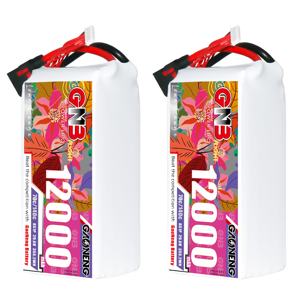 Two GAONENG 8S 12000mAh 70C LiPo battery packs shown side by side, QS8 leads visible