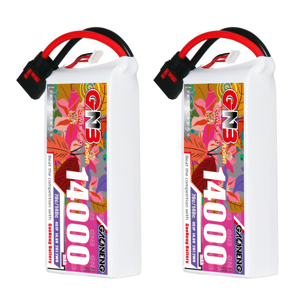 Two GAONENG GNB 14000mAh 4S LiPo batteries with QS8 connectors, side-by-side product view