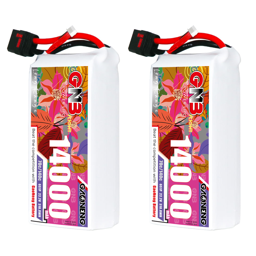 Two GAONENG GNB 14000mAh LiPo packs shown side by side with QS8 connectors