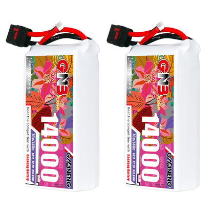 Two GAONENG GNB 14000mAh LiPo packs shown side by side with QS8 connectors