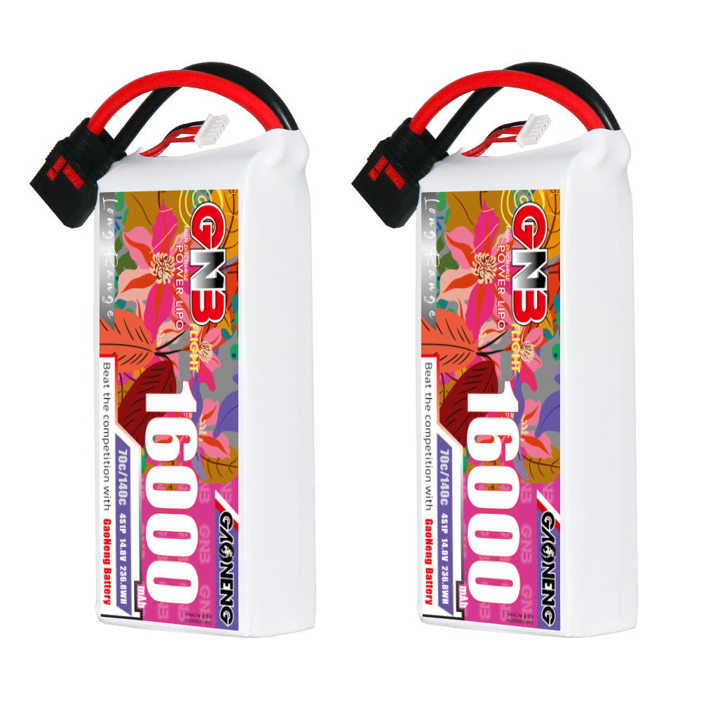 Two GAONENG GNB 16000mAh 4S LiPo batteries shown upright with QS8 leads, front label view