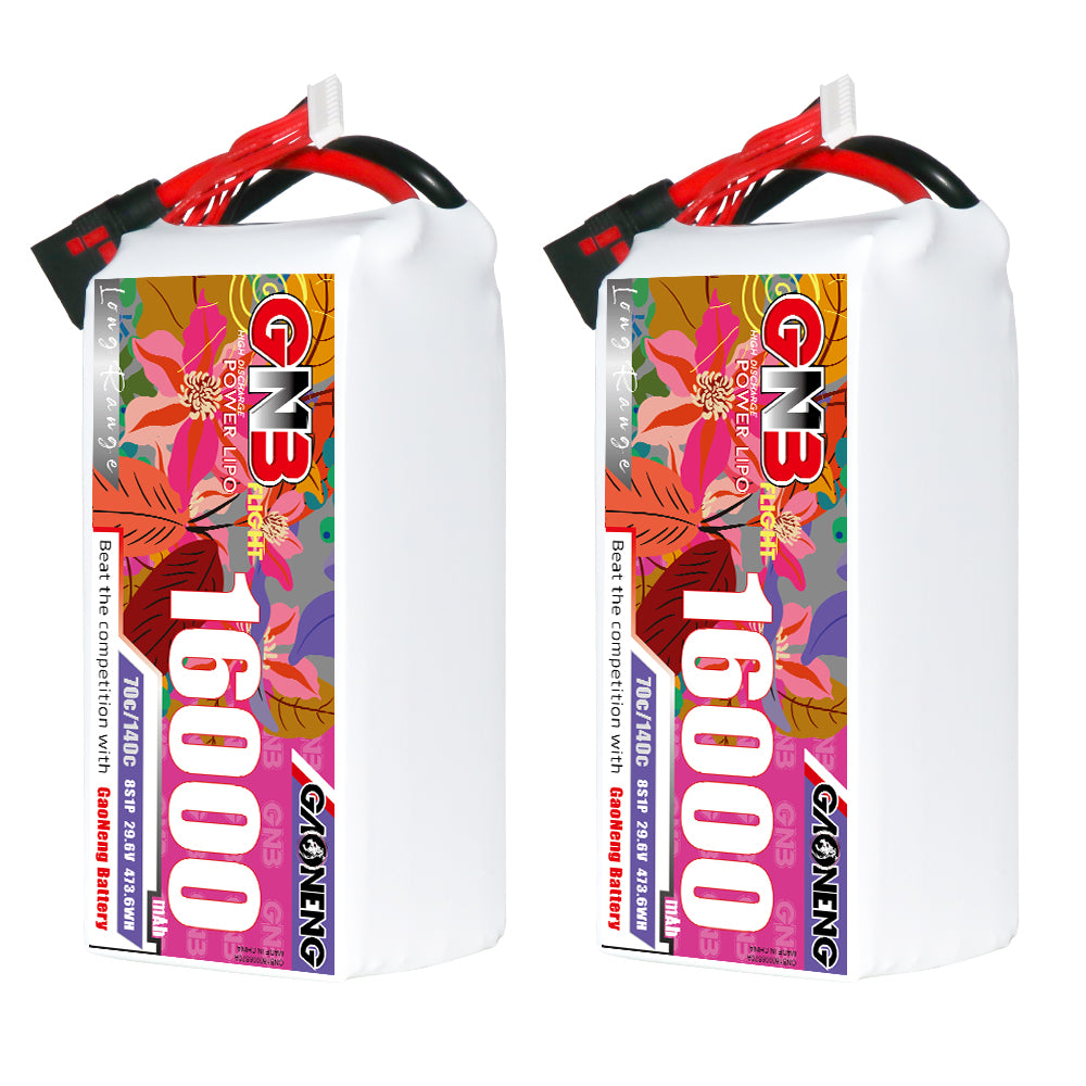 Two GAONENG GNB 16000mAh LiPo battery packs shown upright with QS8 discharge connectors
