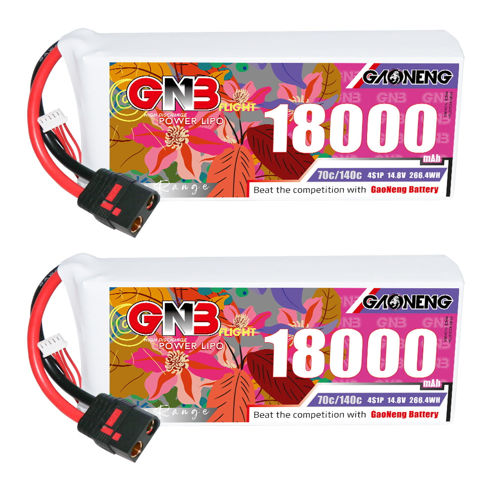Two GAONENG GNB 18000mAh LiPo packs shown front label side by side with QS8 leads