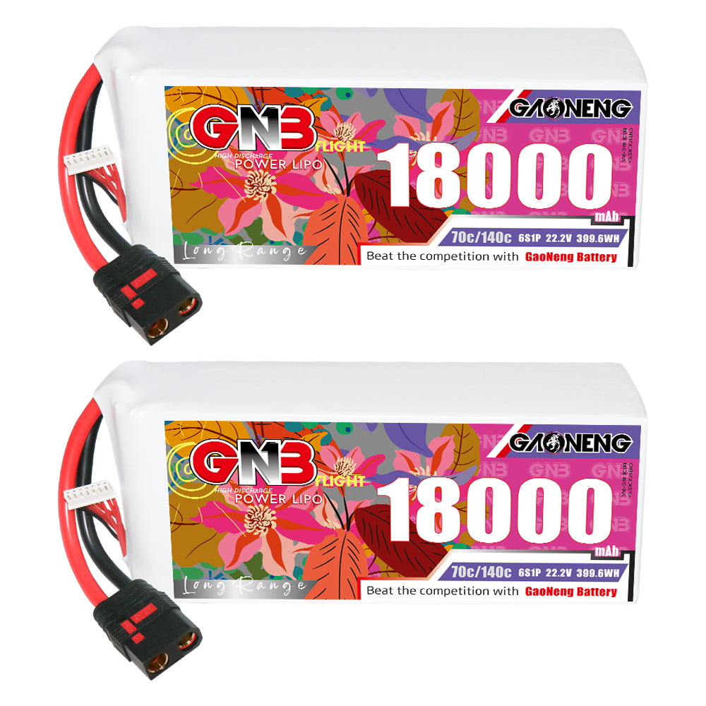 Two GAONENG GNB 18000mAh LiPo packs with QS8 discharge connectors, front label view