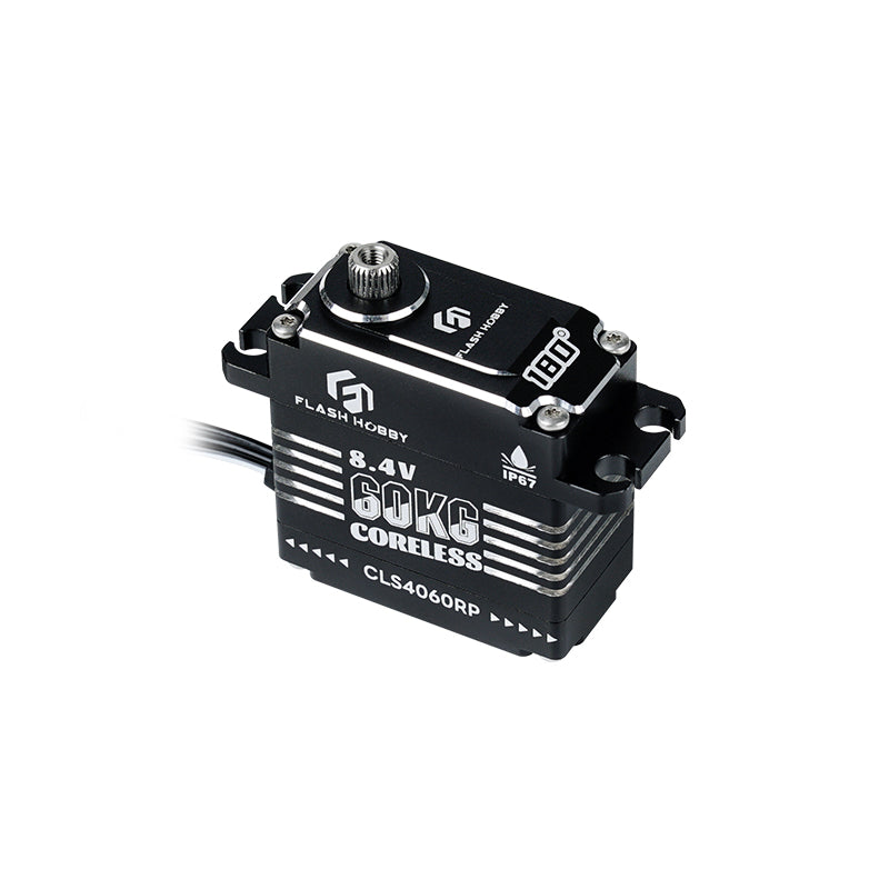 Flashhobby CLS4060RP Digital Coreless Servo, Flashhobby CLS4060RP digital coreless RC servo with 8.4V 60KG marking, IP67 label, and metal spline output shaft
