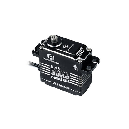 Flashhobby CLS4060RP Digital Coreless Servo, Flashhobby CLS4060RP digital coreless RC servo with 8.4V 60KG marking, IP67 label, and metal spline output shaft