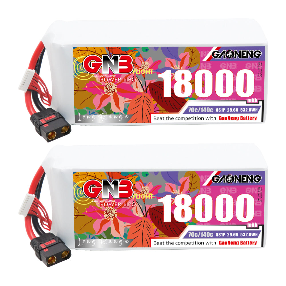 Two GAONENG GNB 18000mAh LiPo batteries shown side by side with QS8 lead and balance plug