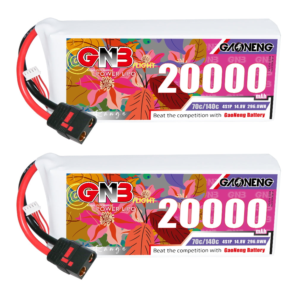 Two GAONENG GNB 20000mAh 4S LiPo packs with QS8 connector, front label view