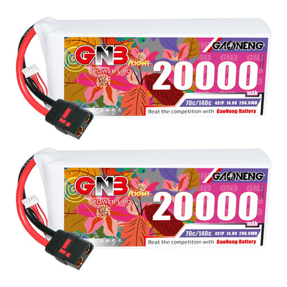 Two GAONENG GNB 20000mAh 4S LiPo packs with QS8 connector, front label view