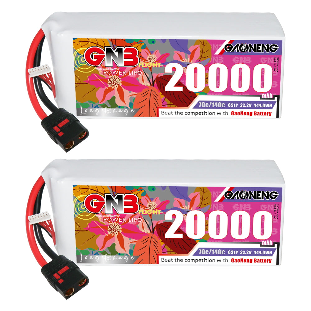 Front label view of GNB 20000mAh 6S LiPo pack showing 70C/140C and 22.2V specifications