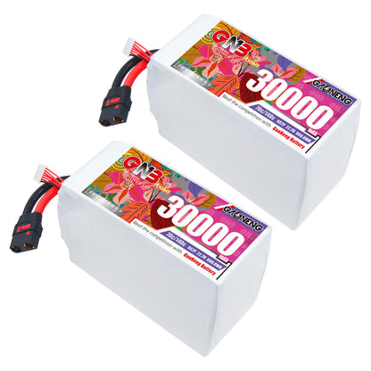 Two GAONENG GNB 30000mAh LiPo battery packs shown together with QS8 discharge leads