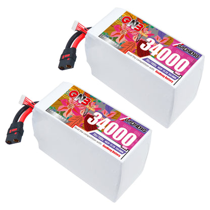 Two GNB 34000mAh 6S LiPo battery packs shown together with QS8 connectors and balance leads