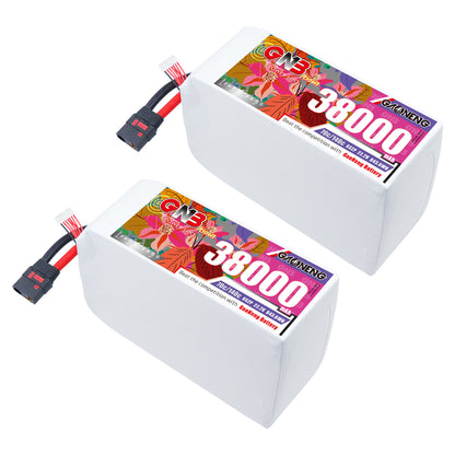 Two GNB 38000mAh 6S LiPo battery packs side by side with QS8 connector and balance leads