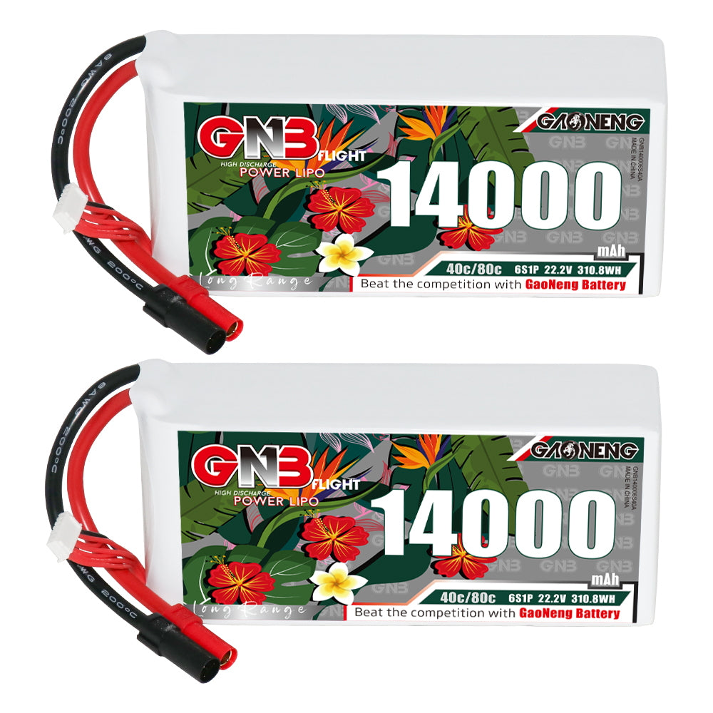 Two GAONENG GNB 14000mAh 6S LiPo batteries shown flat, label side with XT150 leads
