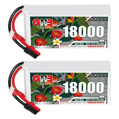 Two GAONENG GNB 18000mAh 6S LiPo batteries shown side by side with XT150 leads and balance plug