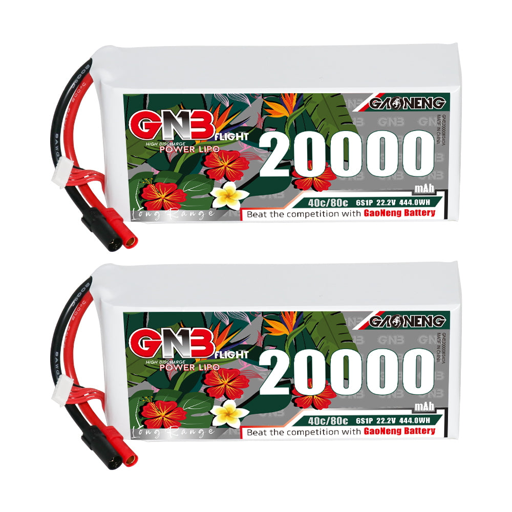 Two GNB 6S 20000mAh LiPo packs showing front label and XT150 connector leads