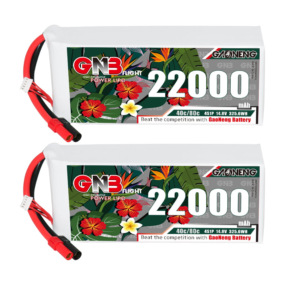 Two GAONENG GNB 22000mAh 4S LiPo batteries shown side by side, label and leads visible