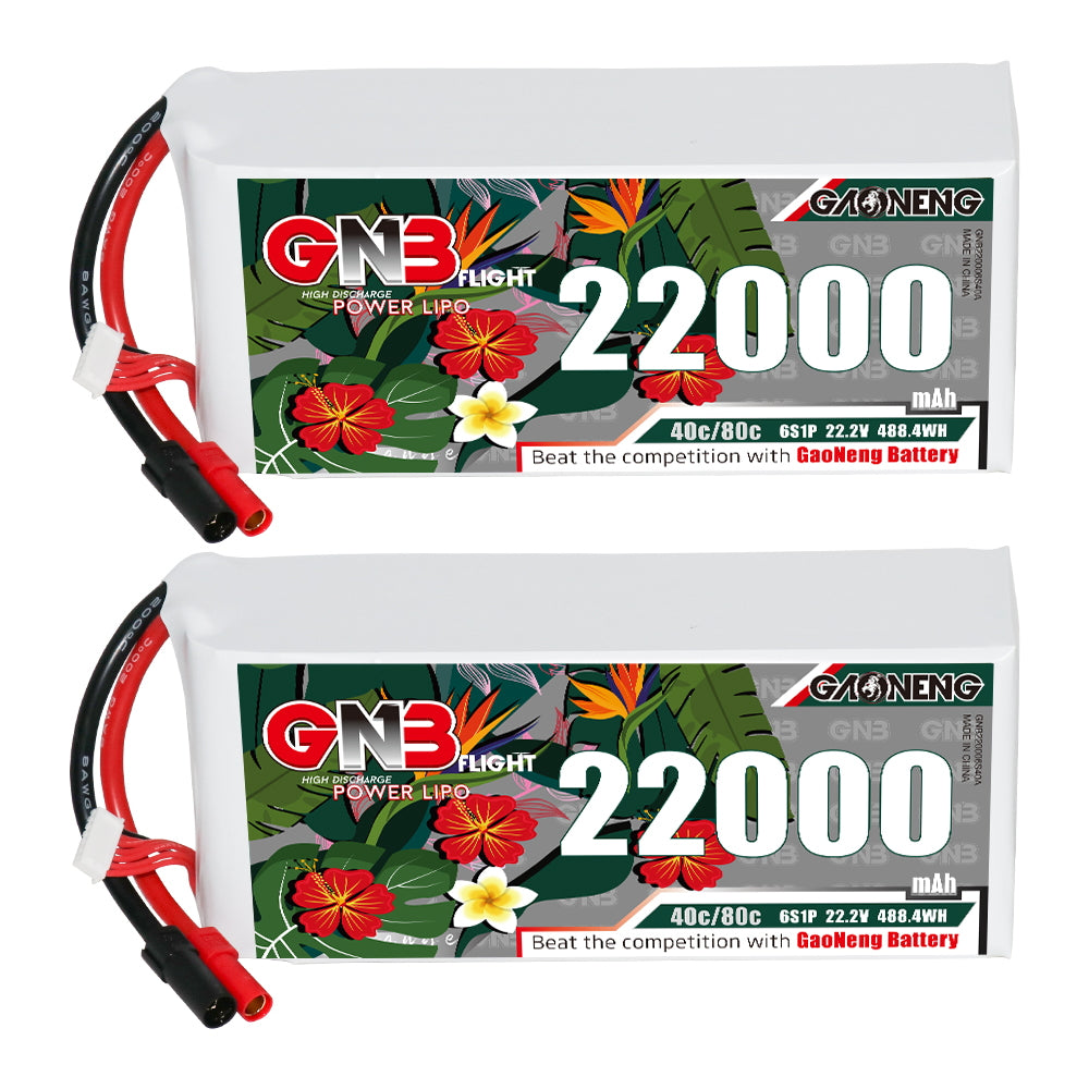Two GNB 22000mAh LiPo battery packs shown side by side with leads and balance plug