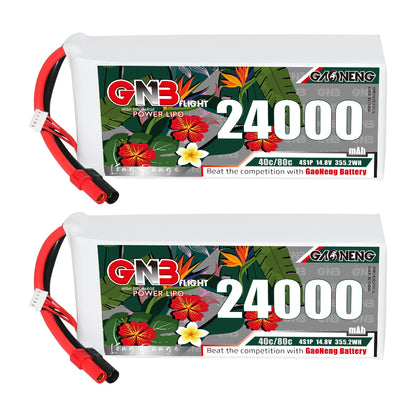Two GAONENG GNB 24000mAh 4S LiPo batteries shown, front label view with power leads