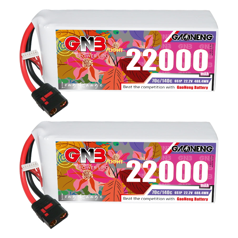 GNB 22000mAh 6S LiPo battery front label shown horizontally, two-pack display with QS8 lead