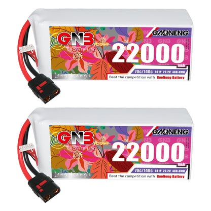 GNB 22000mAh 6S LiPo battery front label shown horizontally, two-pack display with QS8 lead