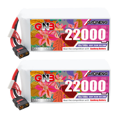 Two GAONENG GNB 22000mAh 8S LiPo batteries side-by-side with QS8 discharge leads