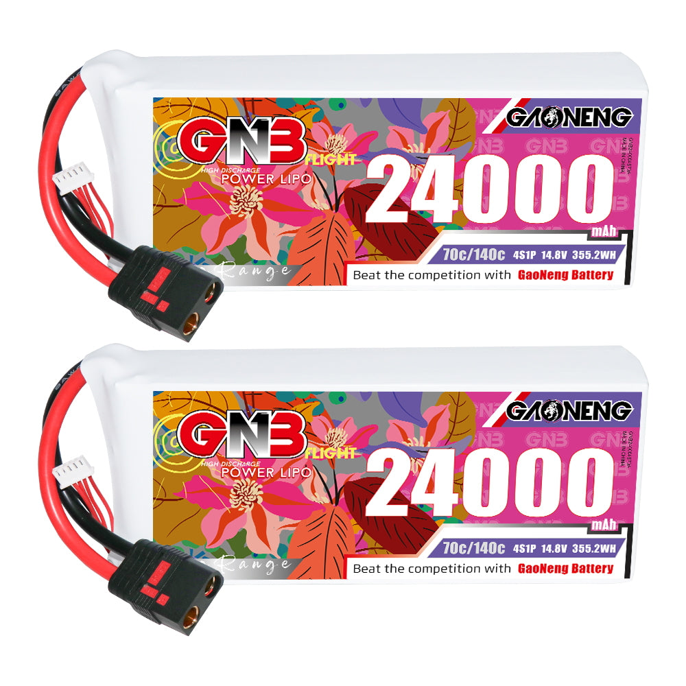 Two GNB 24000mAh 4S 14.8V 70C LiPo batteries with QS8 discharge leads, side-by-side