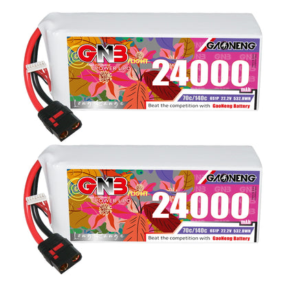 Two GAONENG GNB 24000mAh 6S LiPo battery packs shown front label view with QS8 leads