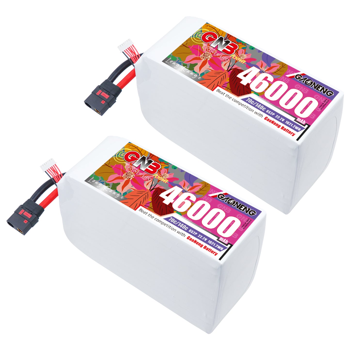 Two GAONENG GNB 46000mAh 6S LiPo battery packs shown with QS8 connectors
