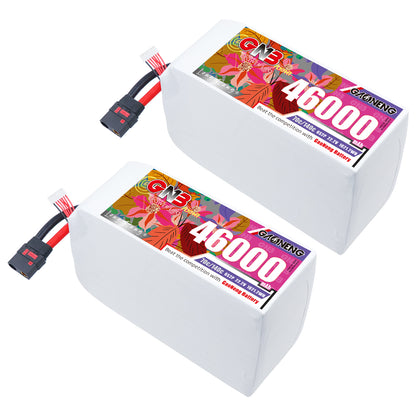 Two GAONENG GNB 46000mAh 6S LiPo battery packs shown with QS8 connectors