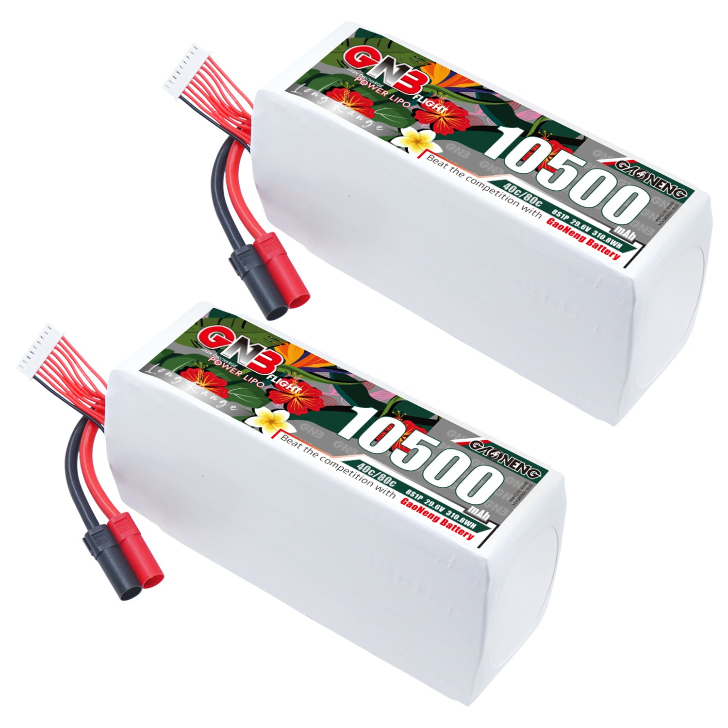 Two GAONENG GNB 10500mAh LiPo batteries shown at an angle with XT150 power connectors