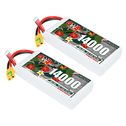 Two GNB 14000mAh 4S LiPo batteries shown with XT90S anti-spark connectors and balance leads
