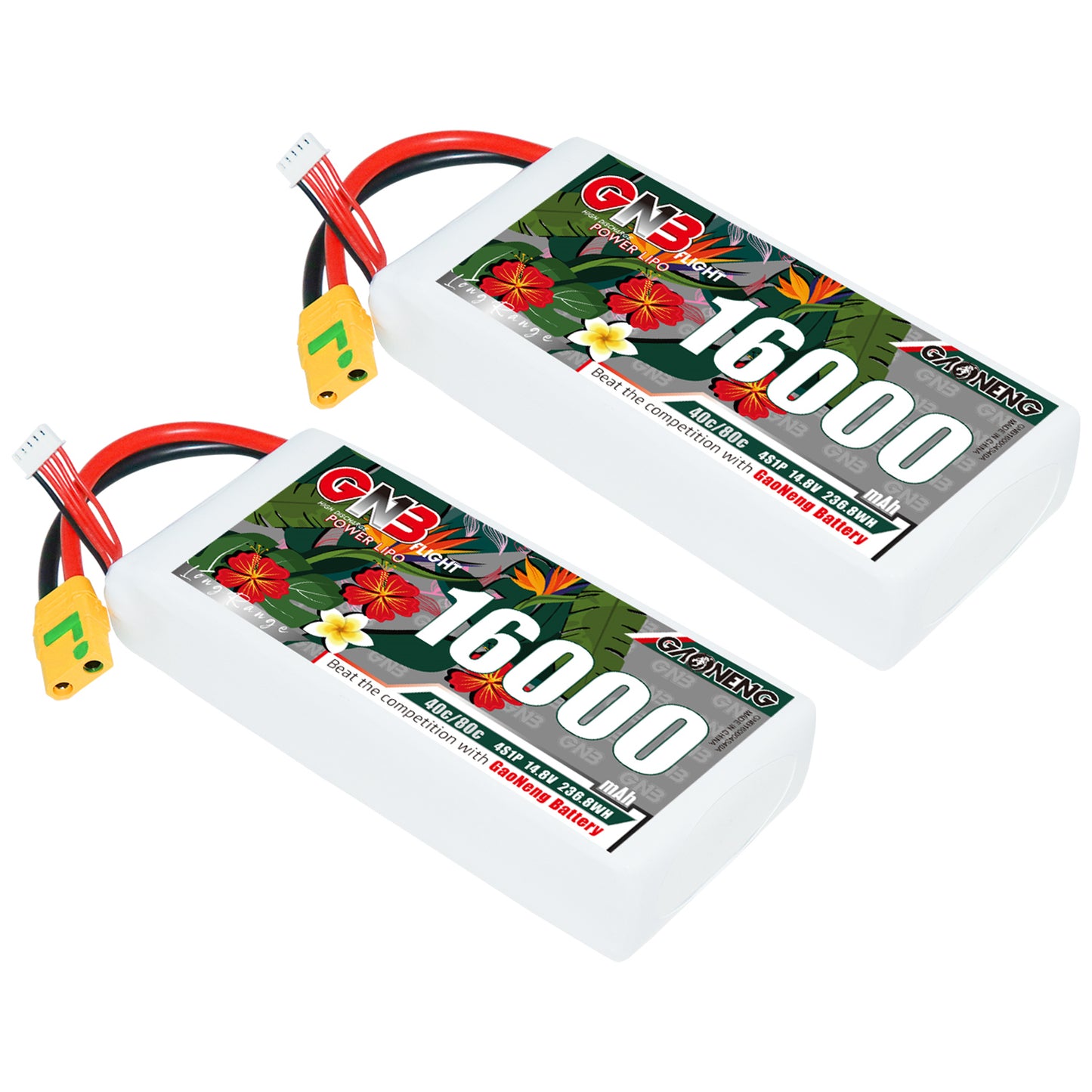 Two GNB 16000mAh LiPo batteries shown at angle with power lead and balance connector