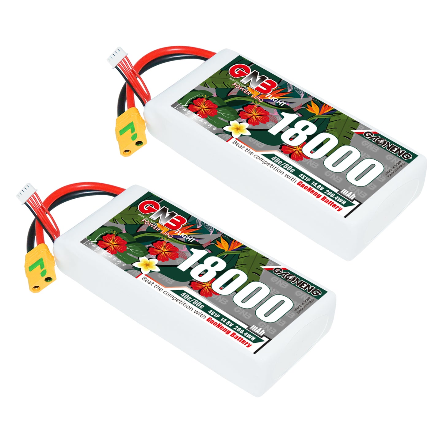 Two GAONENG GNB 18000mAh 4S LiPo batteries shown with XT90S anti-spark connectors