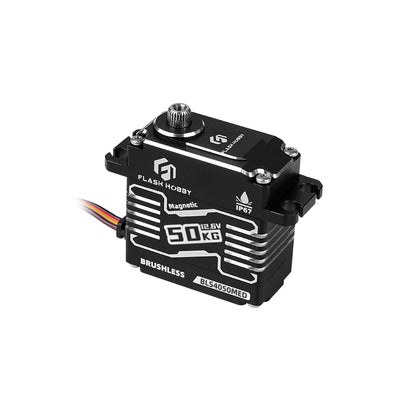 Flashhobby BLS4050MED HV brushless digital servo with metal case, magnetic label, IP67 marking, and 50kg/12.6V text