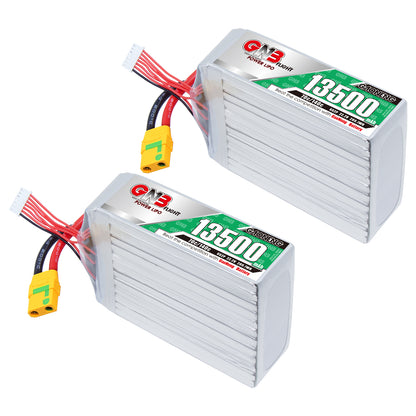 Two GNB 13500mAh LiPo battery packs shown together with XT90S connectors and balance leads