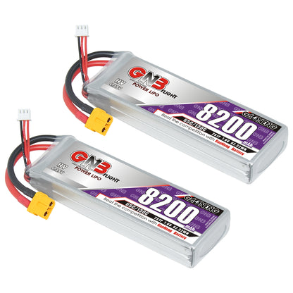 Two-pack GNB HV 2S 8200mAh 65C LiPo batteries with XT60 connectors and white balance plugs