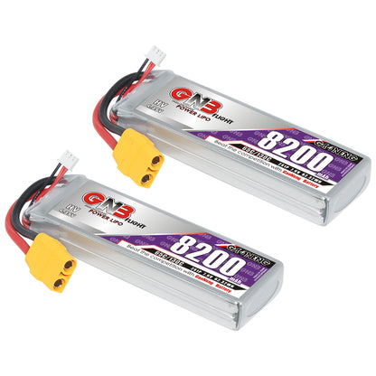 Two GNB 8200mAh 2S LiHV LiPo packs shown with yellow XT90 connectors and balance leads