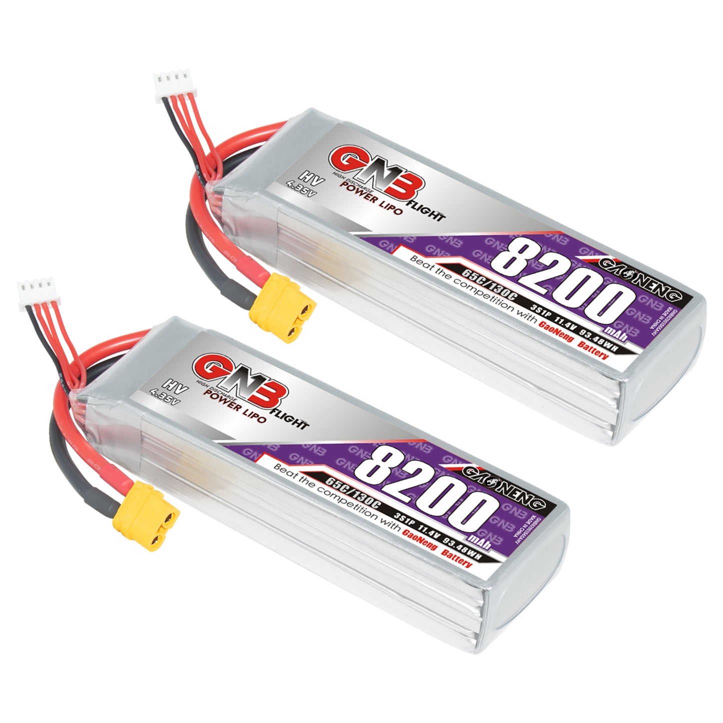 Two GNB 8200mAh 3S LiHV LiPo batteries with XT60 and balance leads, angled view