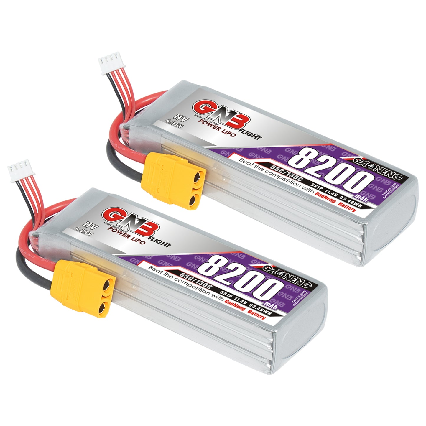 Two GAONENG GNB 8200mAh HV 3S LiPo batteries with XT90 connectors, side-by-side