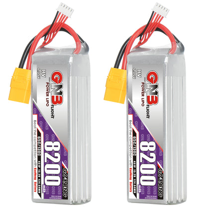 Two GNB 8200mAh 4S LiHV LiPo batteries shown side by side, upright with XT90 leads