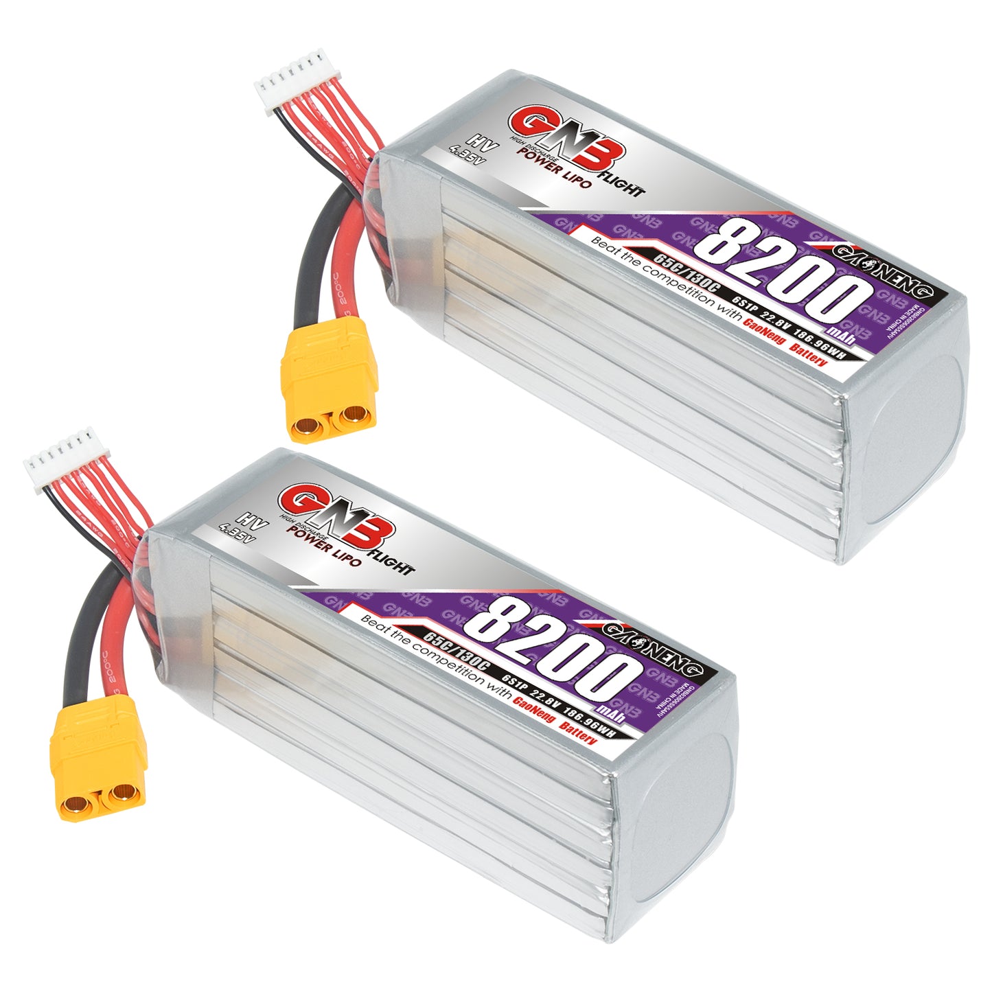 Two GAONENG GNB 8200mAh 6S LiHV LiPo batteries shown with XT90 plugs and balance leads