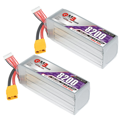 Two GAONENG GNB 8200mAh 6S LiHV LiPo batteries shown with XT90 plugs and balance leads