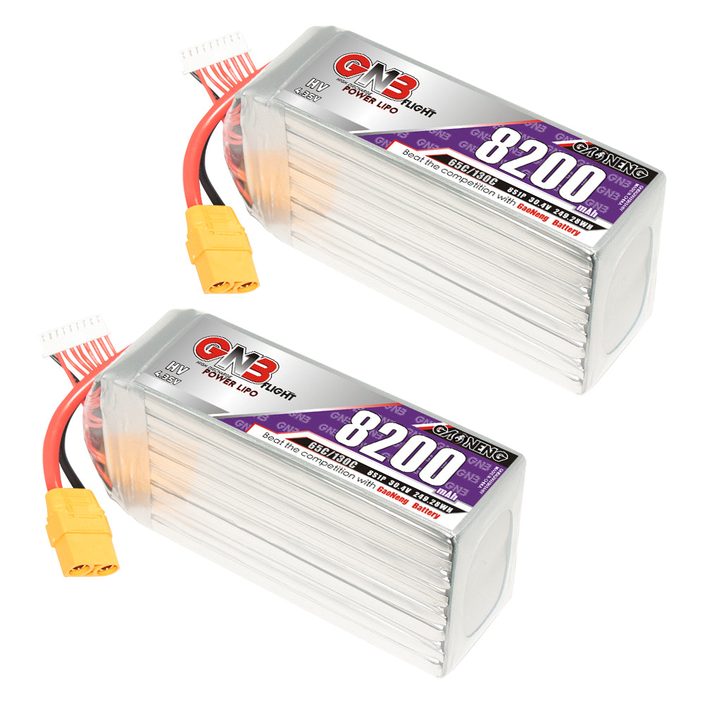 Two GAONENG GNB 8200mAh 8S LiHV LiPo batteries shown with yellow XT90 connectors