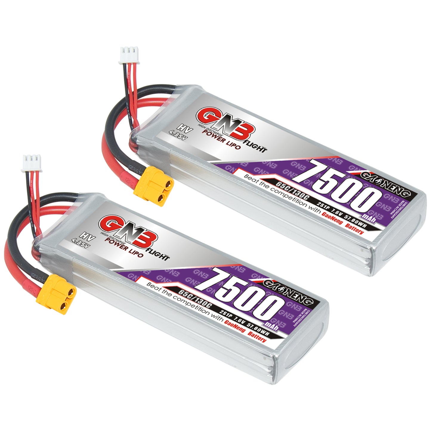 Two GNB 7500mAh LiHV 2S battery packs shown together with XT60 power connectors and balance leads